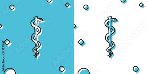 Black Rod of asclepius snake coiled up silhouette icon isolated on blue and white background. Emblem for drugstore or medicine, pharmacy snake symbol. Random dynamic shapes. Vector Illustration