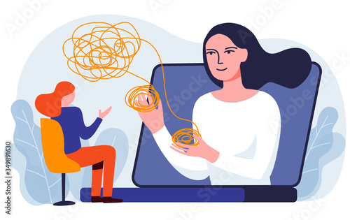 Online therapy with psychologist concept. Patient at psychological counseling. Doctor help through laptop screen banner. Vector illustration in flat modern style