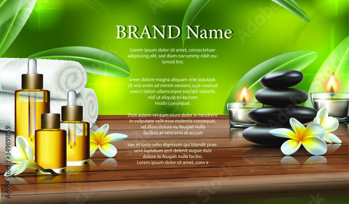 Vector realistic spa wellness background with oils and essentials, massage stones and wild flowers, towels and bamboo plants.