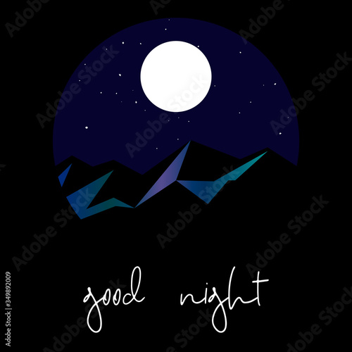 good night postcard with snowy mountains and starry sky