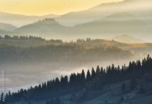 silhouettes of mountains. foggy autumn morning. Morning Carpathians