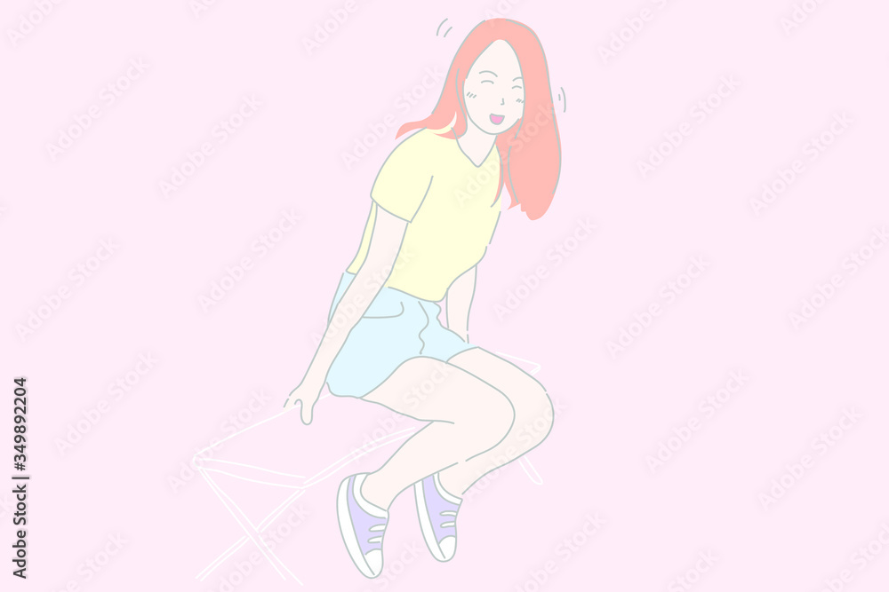 Pretty girl sitting on chair and smiling hand drawing vector. Pretty girl sitting on chair and smiling hand drawing vector.