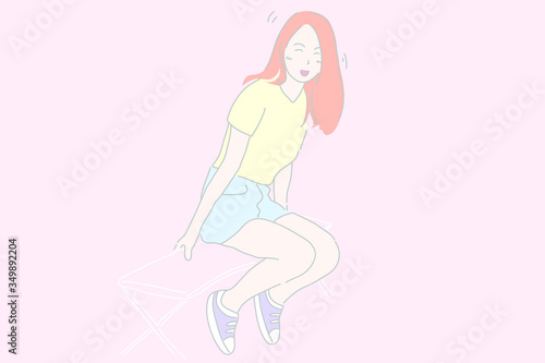 Pretty girl sitting on chair and smiling hand drawing vector.