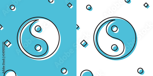 Black Yin Yang symbol of harmony and balance icon isolated on blue and white background. Random dynamic shapes. Vector Illustration