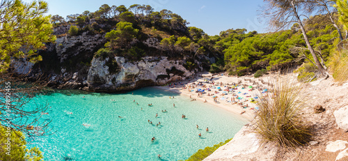 panoramic views of beautiful beach. Cala macarelleta in menorca. Paradise beach with turquoise water (balearic islands, spain) photo