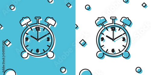 Black Alarm clock icon isolated on blue and white background. Wake up, get up concept. Time sign. Random dynamic shapes. Vector Illustration