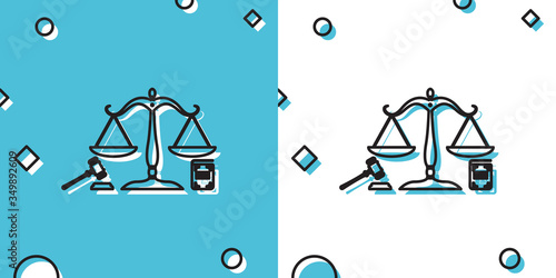 Black Scales of justice, gavel and book icon isolated on blue and white background. Symbol of law and justice. Concept law. Legal law and auction symbol. Random dynamic shapes. Vector Illustration