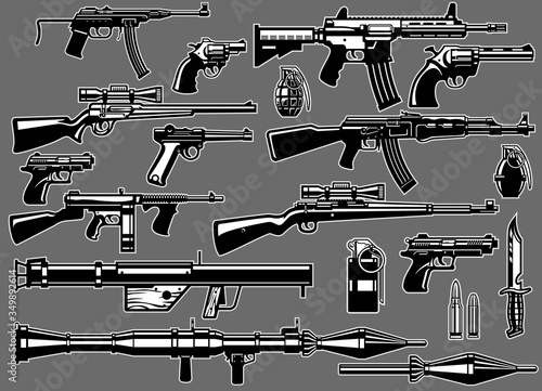 set bundle of military guns and rifles