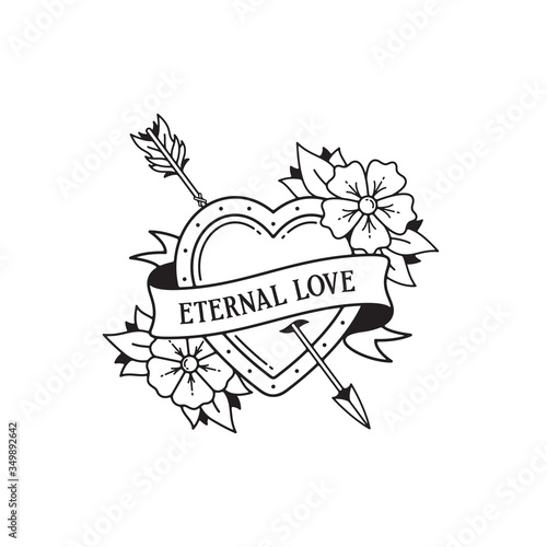 Old school tattoo emblem label with arrow heart flower symbols and wording eternal love. Traditional tattooing style ink.