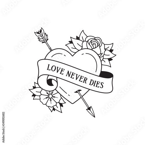 Old school tattoo emblem label with arrow heart flower and rose symbols and wording. Traditional tattooing style ink.