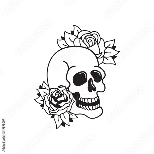 Old school tattoo emblem label with rose and skull symbols. Traditional tattooing style ink.