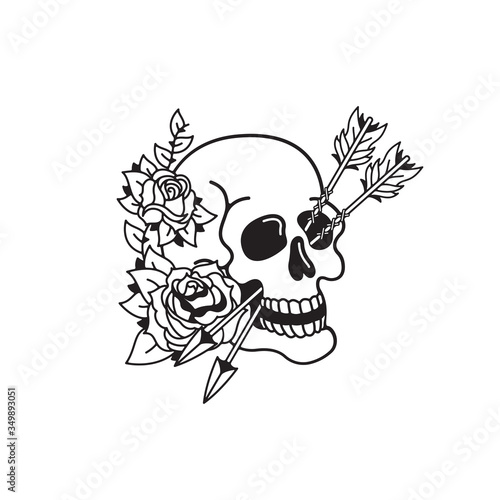 Old school tattoo emblem label with rose arrow and skull symbols. Traditional tattooing style ink.