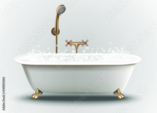 3d realistic vector bathtub with soap bubbles ans shampoo foam.