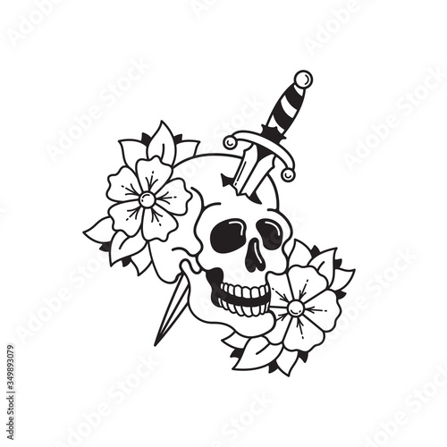 Old school tattoo emblem label with flower dagger and skull symbols. Traditional tattooing style ink.