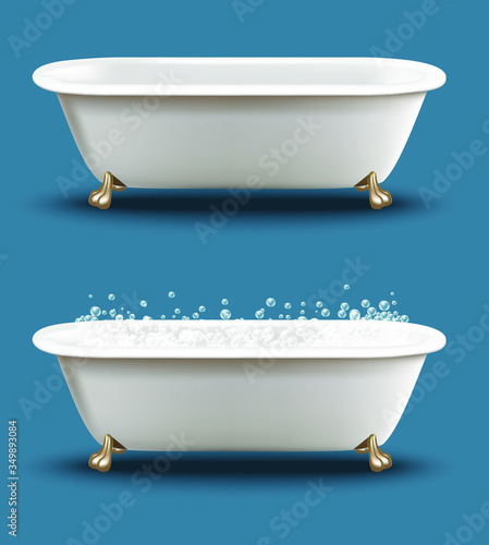 3d realistic vector set bathtub with soap bubbles ans shampoo foam.