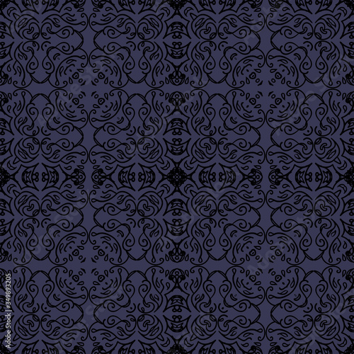 oriental seamless pattern with black motif on dark blue background