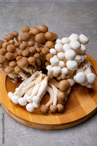 Fresh buna brown and bunapi white shimeji edible mushrooms from Asia, rich in umami tasting compounds such as guanylic and glutamic acid photo