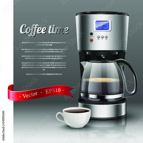 3d realistic vector illustration of American drip coffee machine with coffee cup. Isolated icon of coffee maker for filter coffee on grey background.