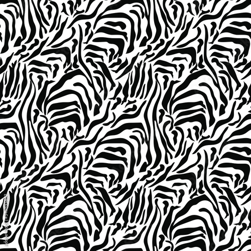 Seamless Zebra fur background. Vector illustration. Fashionable exotic textures and wild animals in black and white monochrome