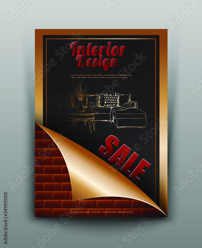 Vector design banner with hand drawn elements, background of furniture and interior store of apartments. Template for promotion, sale, ads, banners and flyers. Flyer with paper element and tiles.