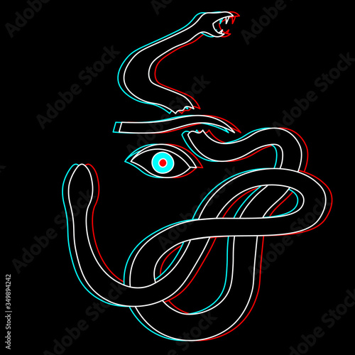 line art of scared woman eye and a snake on black background
