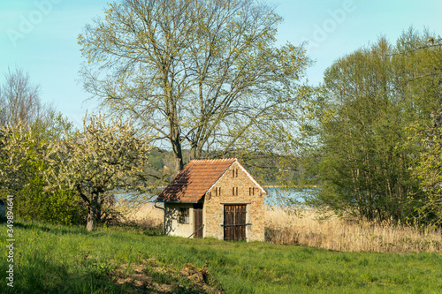 Idyllic view of an old hut at the Schwielowsee Lake
