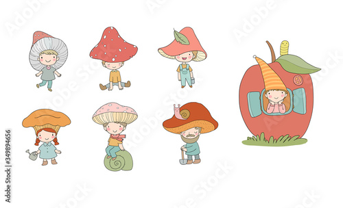 Cute cartoon gnomes mushrooms. Forest elves. Little fairies
