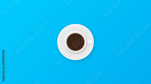 Coffee cup on blue background. Flat lay, top view, copy space. Vector illustration