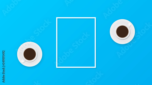 Coffee cup on blue background. Flat lay, top view, copy space, frame. Vector illustration