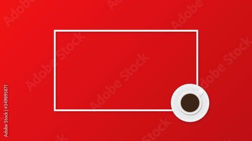 Coffee cup on red background. Flat lay, top view, copy space, frame. Vector illustration