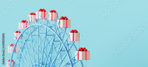 Merry Christmas and happy new year web banner. Gifts for special and happiness holiday concept. Pink gifts box with red bow ribbon on ferris wheel. 3d rendering illustration.