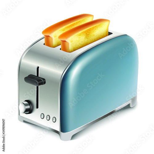 3d realistic vector icon illustration, toaster with toasted bread. Isolated on white background.
