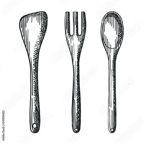 Vector hand drawn rustic wooden kitchenware set of fork, spoon and spatula digital design elements for your logo, advertisement, menu, cafe, banner or flyers. photo