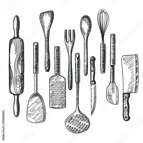 Big vector hand drawn collection of kitchen utensils, isolated on write background, design template for your flyers, banners or restaurant menu.