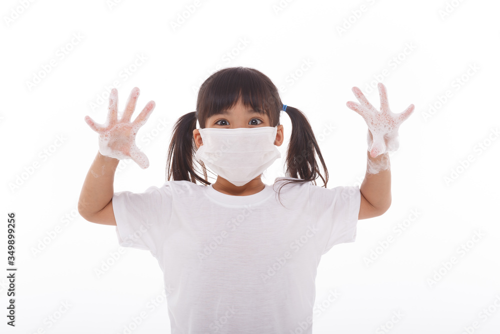 child washing hands and showing soapy palms.on white background child washing hands and showing soapy palms.on white background