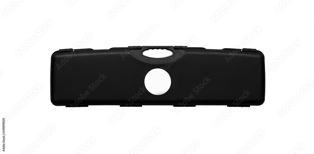 Black plastic hard case for transporting and storing weapons. Gun container isolate on a white background. Black plastic hard case for transporting and storing weapons. Gun container isolate on a white background.