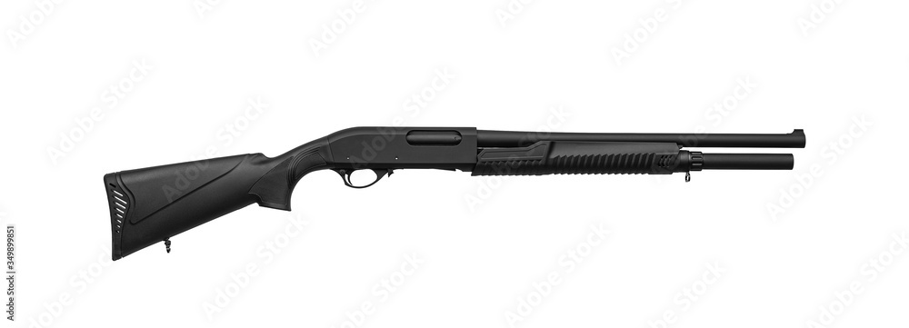 Modern pump-action shotgun with a plastic butt and fore-end isolate on a white back. Weapons for sports and self-defense. Armament of police, army and special units.