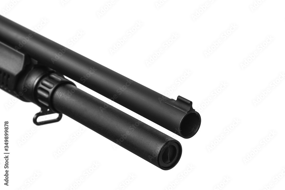 Fototapeta premium Modern pump-action shotgun with a plastic butt and fore-end isolate on a white back. Weapons for sports and self-defense. Armament of police, army and special units.
