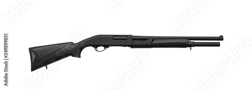 Modern pump-action shotgun with a plastic butt and fore-end isolate on a white back. Weapons for sports and self-defense. Armament of police, army and special units.