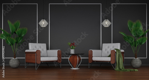 Fototapeta Naklejka Na Ścianę i Meble -  Minimalistic interior of living room with modern furniture and plants , 3d rendering  