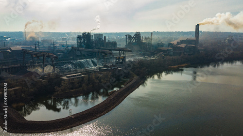 metallurgical production plant full cycle smoke from pipes bad ecology aerial photography