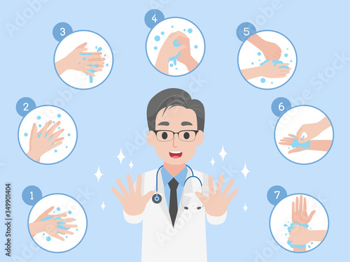 Hand washing step by step info graphic Doctor Character Medical Health care concept wash, rinse dry hands icons for prevent coronavirus on light blue background.