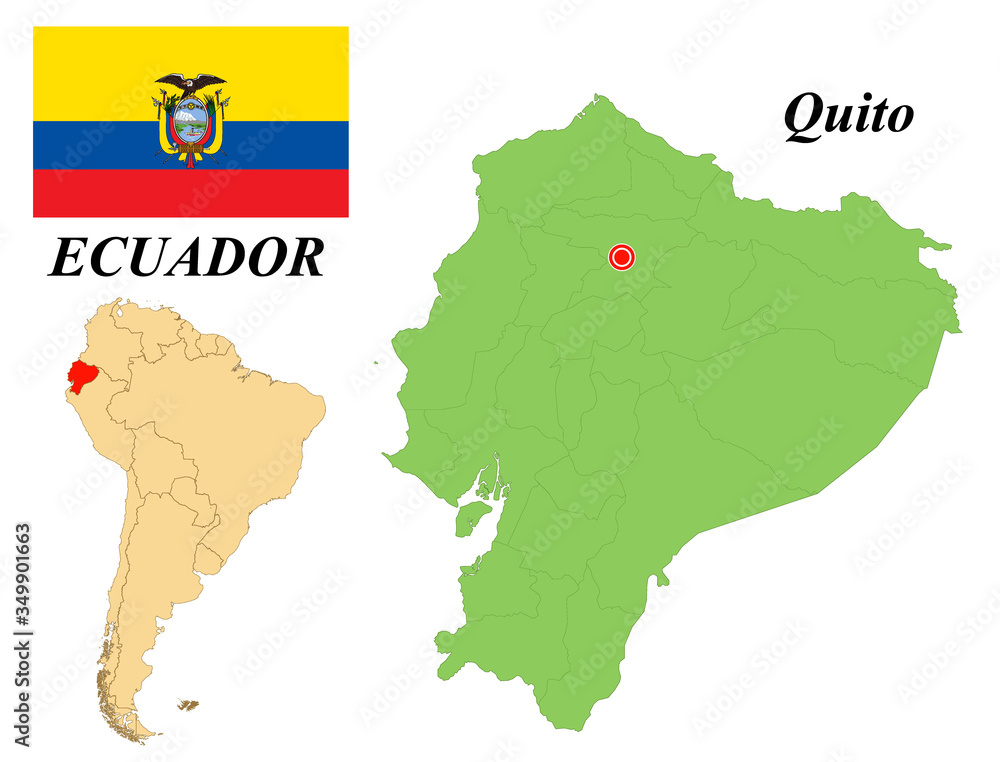 Republic of Ecuador. Capital Of Quito. Flag Of Ecuador. Map of the continent of South America with country borders. Vector graphics.
