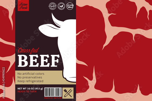 Vector beef label design. Cow icon. Meat beefsteak background