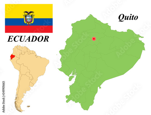 Republic of Ecuador. Capital Of Quito. Flag Of Ecuador. Map of the continent of South America with country borders. Vector graphics.