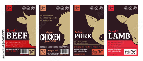 Vector butchery labels with farm animal faces. Cow, chicken, pig and sheep icons photo