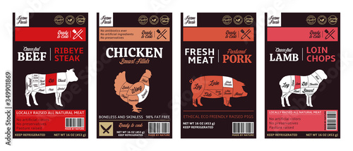 Vector butchery modern style labels. American (US) cuts of beef, chicken, pork and lamb diagrams