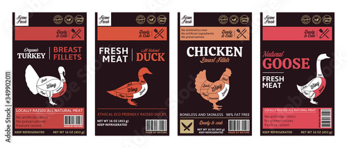 Vector butcher's shop poultry modern style labels. American (US) cuts of chicken, duck, turkey and goose diagrams