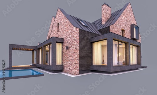 3d rendering of modern cozy clinker house on the ponds with garage and pool for sale or rent in evening with cozy light from window. Isolated on gray