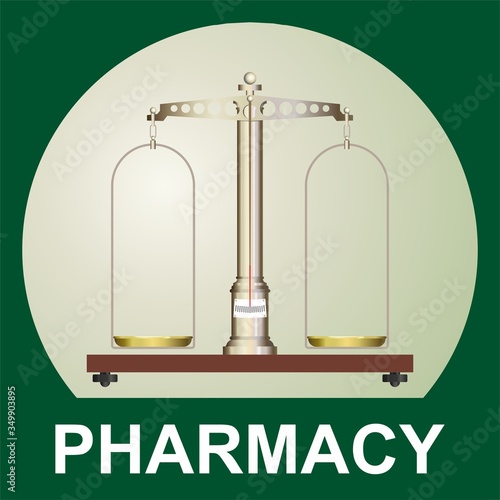 Old pharmacy, medical scales. Pharmacy. Balance of precision. Vector picture of pharmaceutical equipment, old pharmacy.